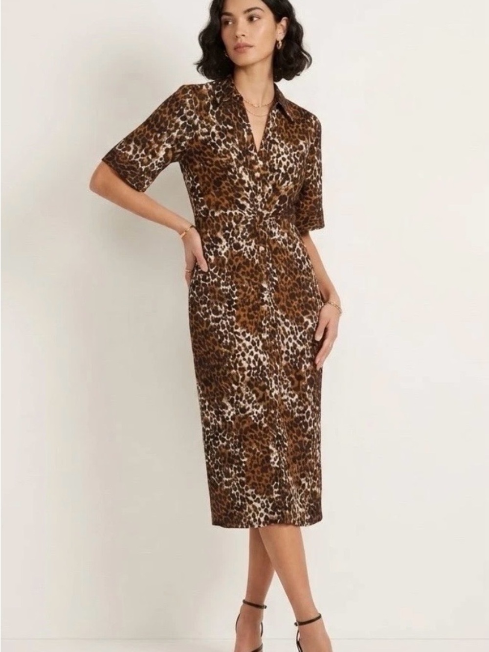 Veronica Beard Seki Shirtdress Linen Size 0 Leopard Print Midi Dress in Brown